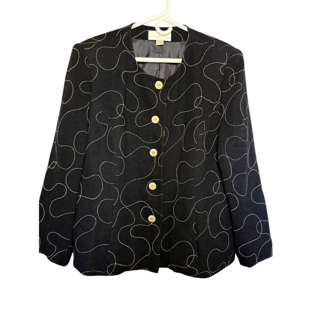 Vintage 100% Wool Abstract Gold Swirl Embroidered Statement Blazer Jacket 80s 90